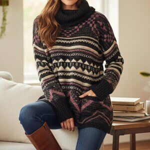 Lucky Brand Multicolor Cowl Neck Long Cozy Tunic Wool Sweater with Front Pockets